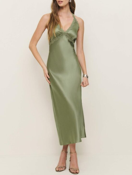 Reformation Dresses & Skirts - Reformation Nora Midi Dress Small Artichoke Green Silk French Lace Cocktail